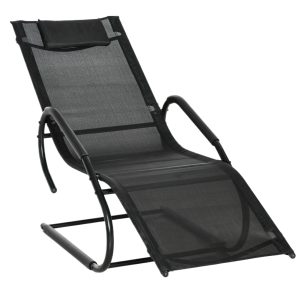 Outsunny Tumbona de Jardín Ergonómica con Reposacabezas Reposapiés y Reposabrazos Mecedora Tapizado en Tela Texteline Transpirable para Exterior Terraza Patio 160×59,5×83 cm Negro